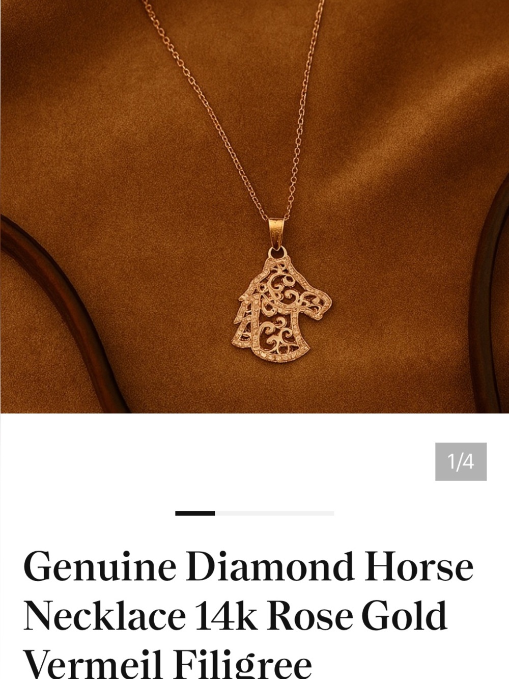Genuine Diamond Horse Necklace 14k Rose Gold Vermeil Filigree Equestrian